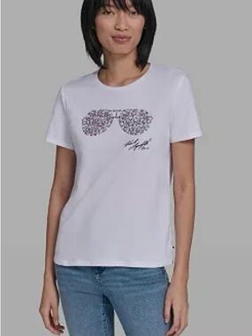 Karl Lagerfeld Paris Women’s White Graphic Tee with Sunglasses Print